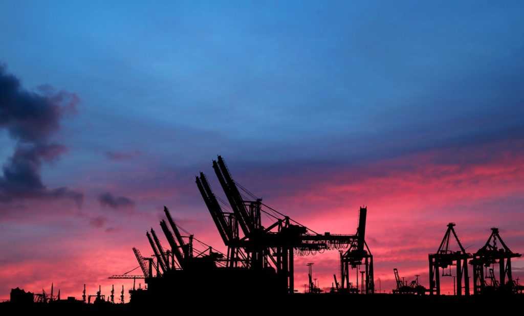 sunset, industry, cranes